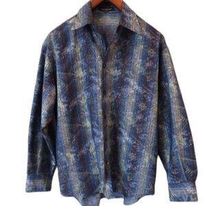 Yashi Yamamuri Mens Large Shirt Made in Italy Blue Purple Floral Striped Button